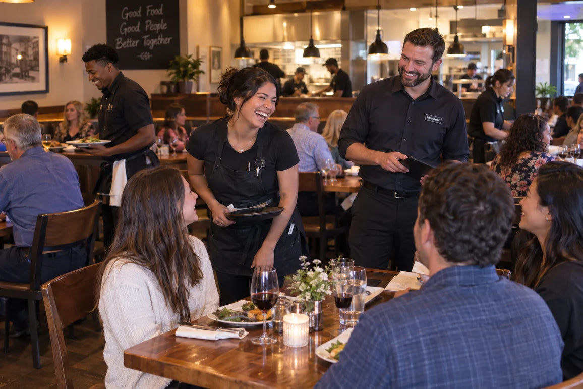 Restaurant team laughing together on a busy floor