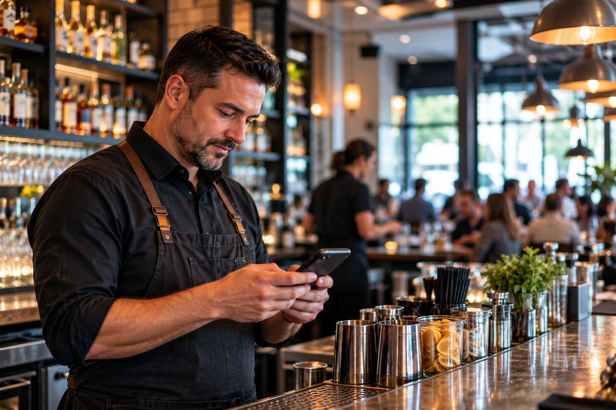 Regional manager and GM reviewing notes at the bar