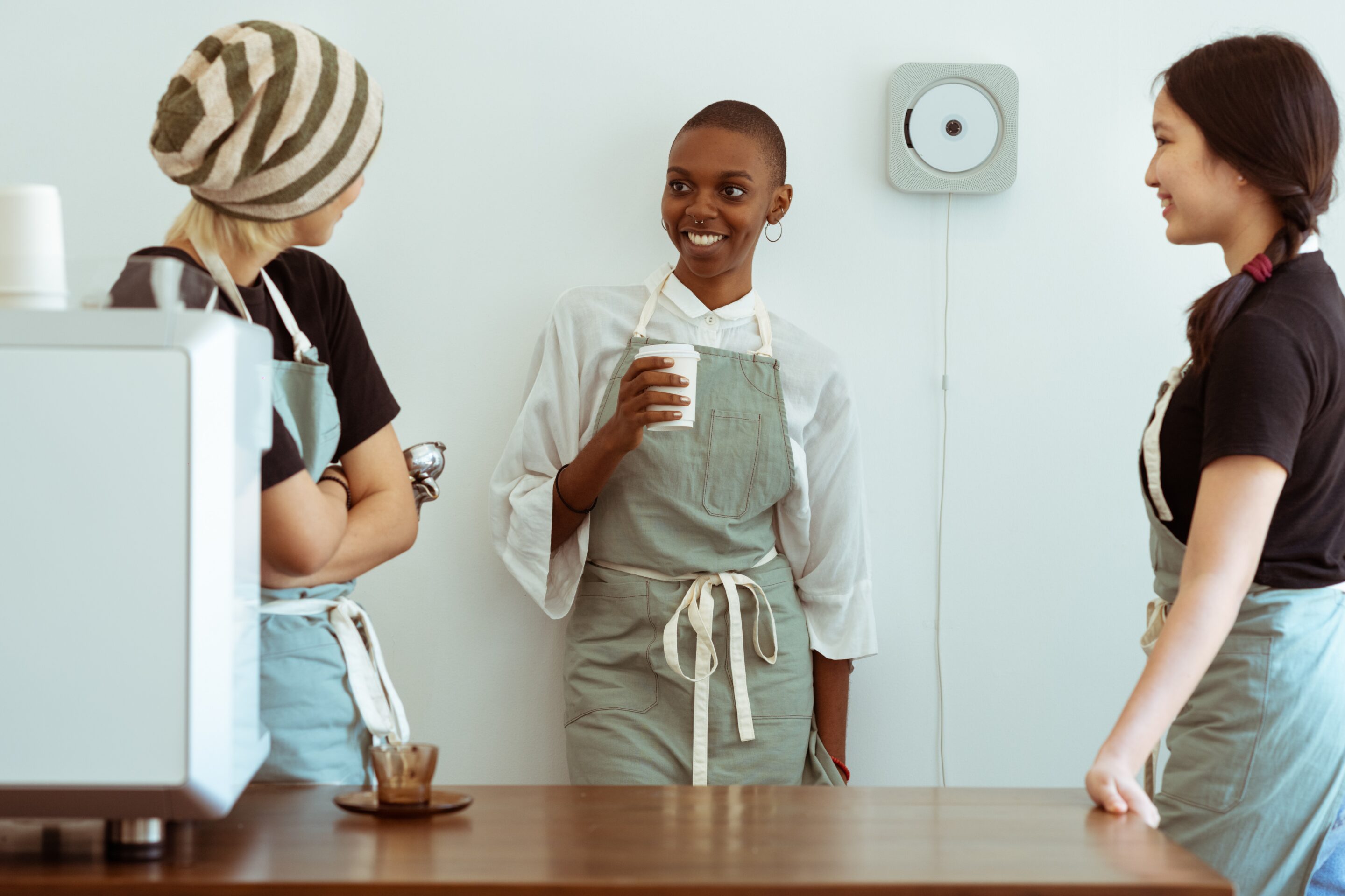 Restaurant employees enjoy break.